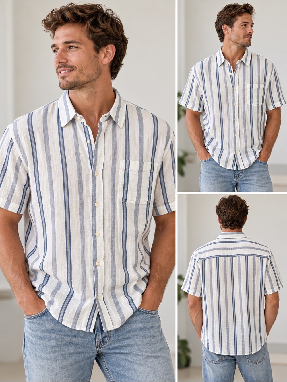 Men's Short Sleeve Button-Up Shirt in White & Blue Stripe